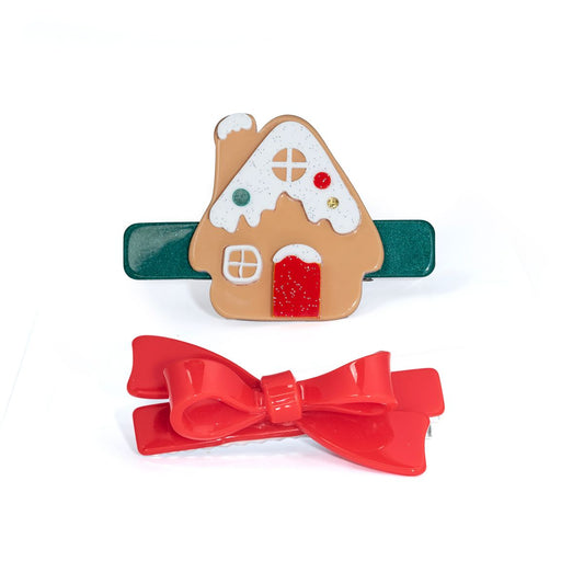 LILIES & ROSES - Gingerbread House Red Bow Hair Clips