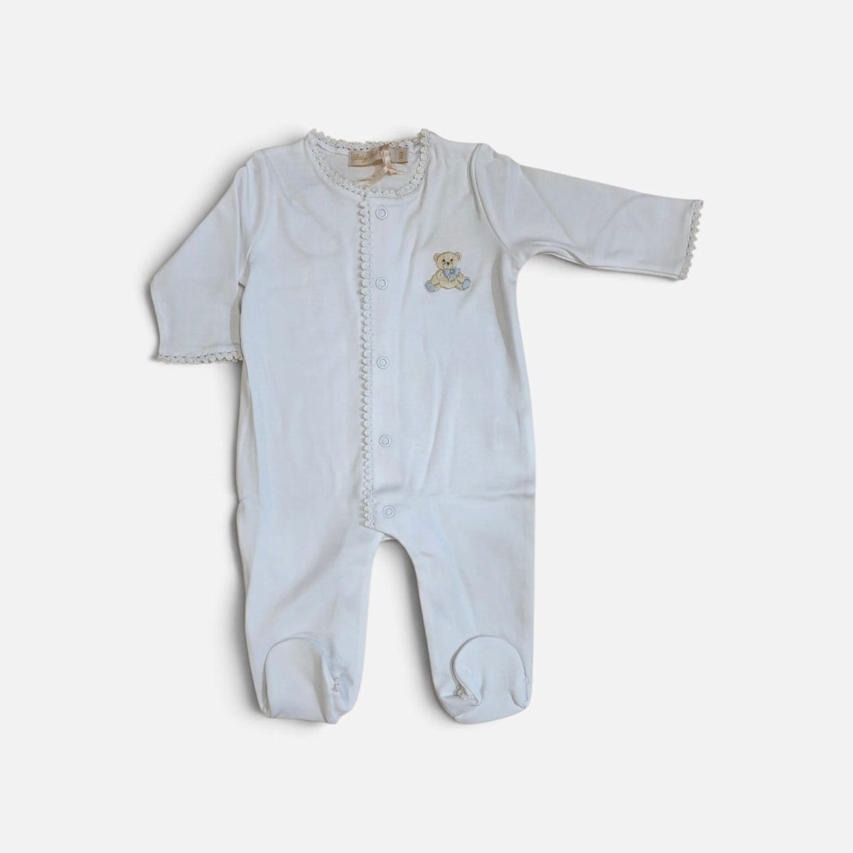 BABY CLUB CHIC - Blue Embroidered Pima Footie W Crochet Trim