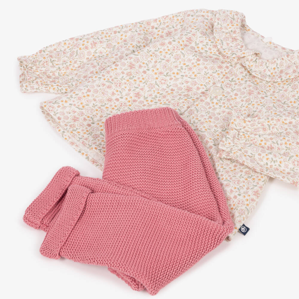 PETIT BATEAU - Baby Girl 2 Pc Set Ls Floral Blouse And Knit Pants