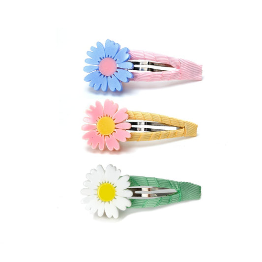 LILIES & ROSES - Daisies White Blue Pink Fabric Covered Snap Clips