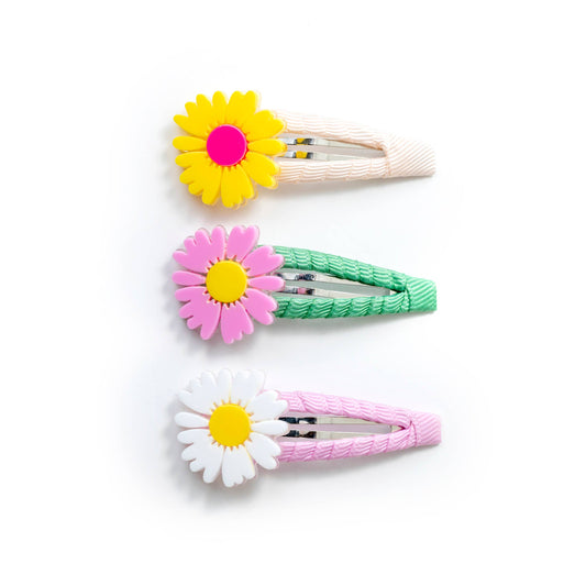 LILIES & ROSES - Daisy Yellow+White+Pink Fabric Covered Snap Clips