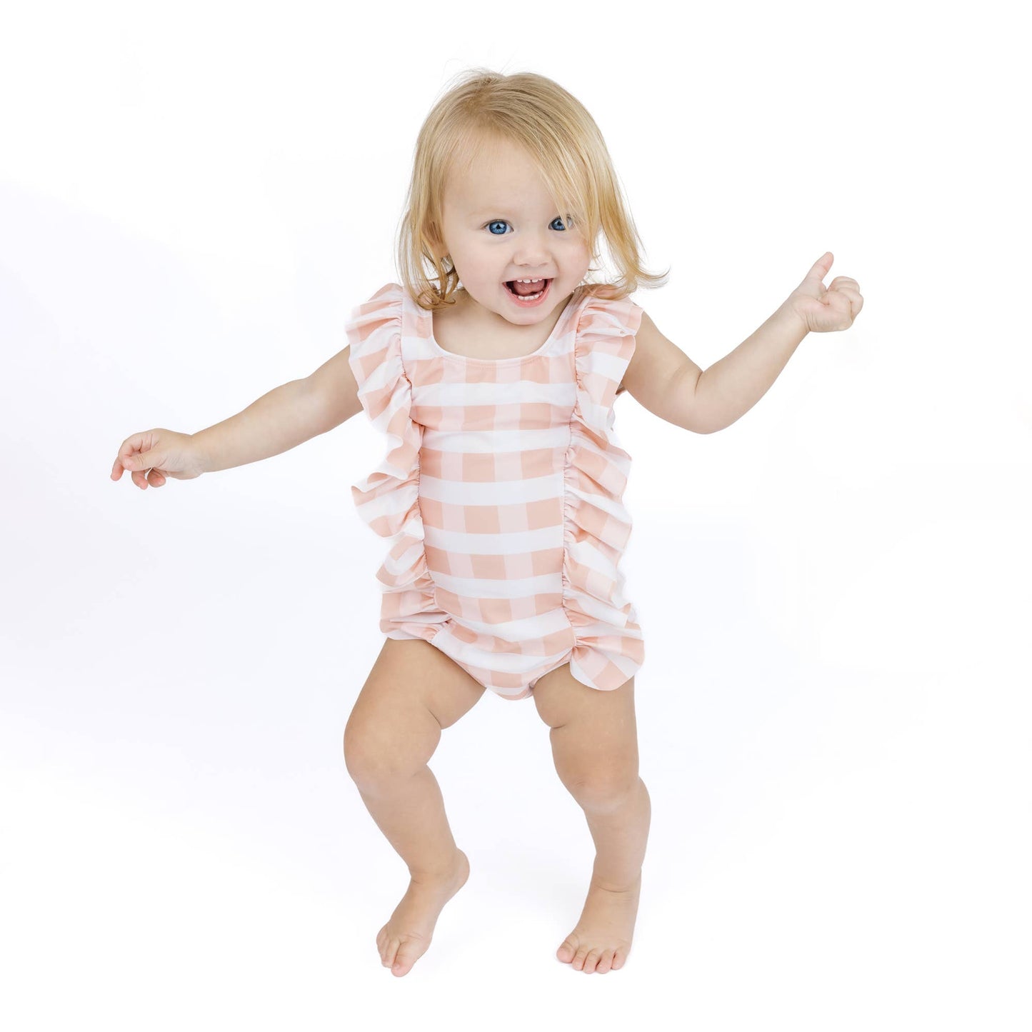 EMERSON & FRIENDS - Pink Gingham Ruffle Front One Piece Girls Swimsuit