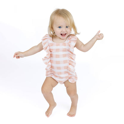 EMERSON & FRIENDS - Pink Gingham Ruffle Front One Piece Girls Swimsuit