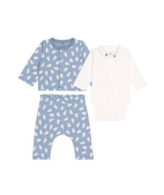 PETIT BATEAU - Baby 3 Pc Set LS Bodysuit Bear Print Cardigan Pants