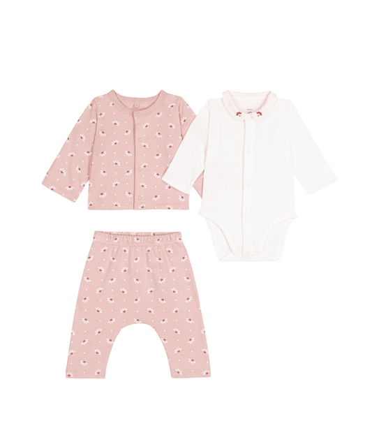 PETIT BATEAU - Baby Girl 3 Pc Set LS Bodysuit Floral Carigan Pants