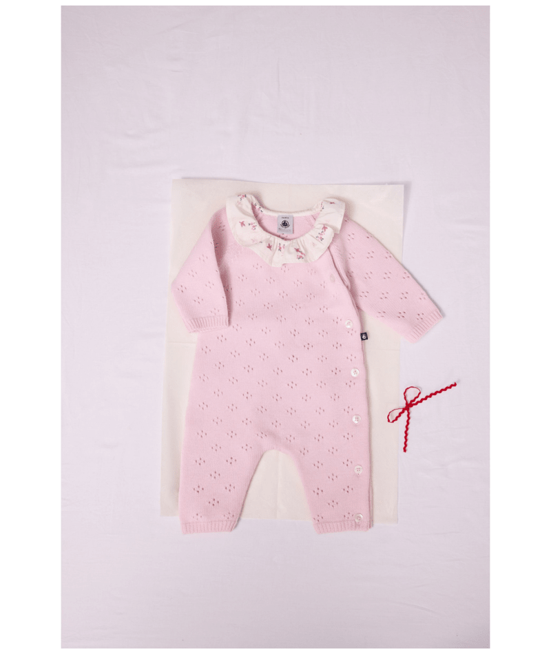 PETIT BATEAU - Baby Girl Knit LS Romper With Floral Collar