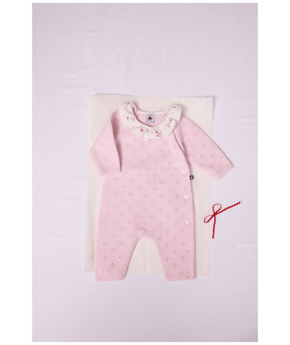 PETIT BATEAU - Baby Girl Knit LS Romper With Floral Collar