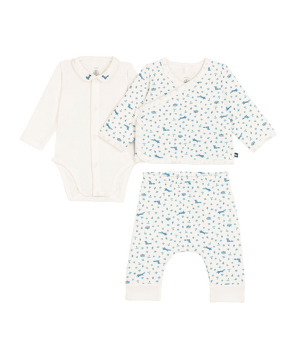 PETIT BATEAU - Baby 3 Pc Set LS Bodysuit Fox Print Cardigan And Pant