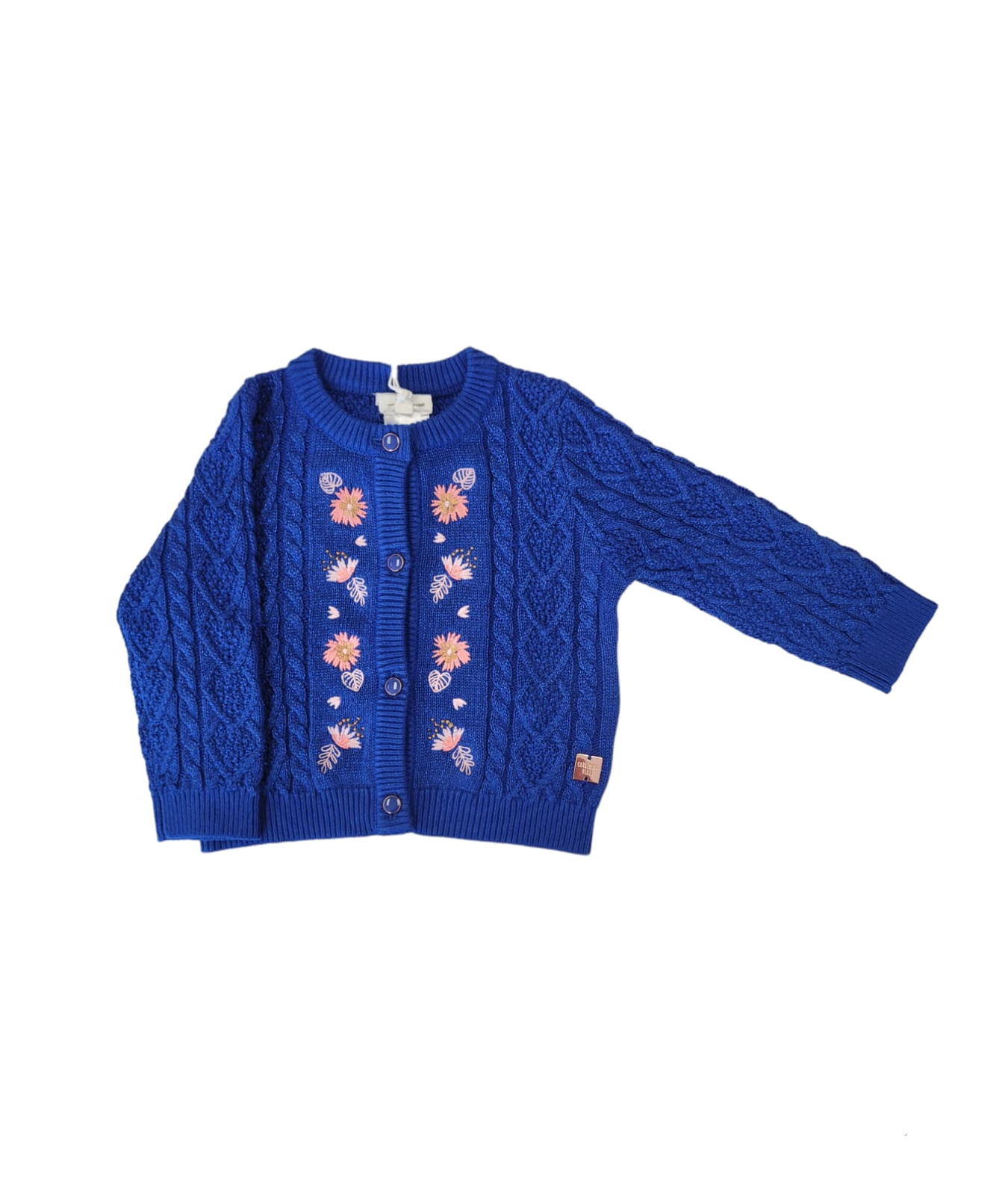 CARREMENT BEAU - Girls Cable Knit Cardigan w/ Floral Embroidery