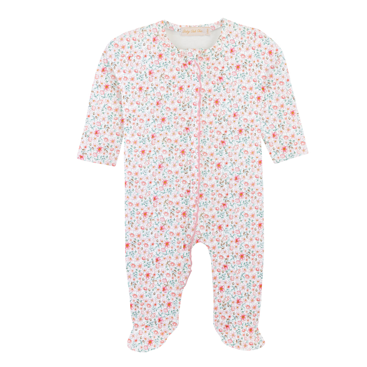 BABY CLUB CHIC - Blushy Buttons Printed Pima Zipped Footie w/Ruffles