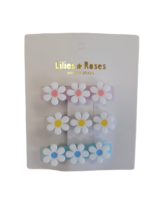 LILIES & ROSES  - Daisies White Satin Pastel Color Hair Clips (Set of 3)