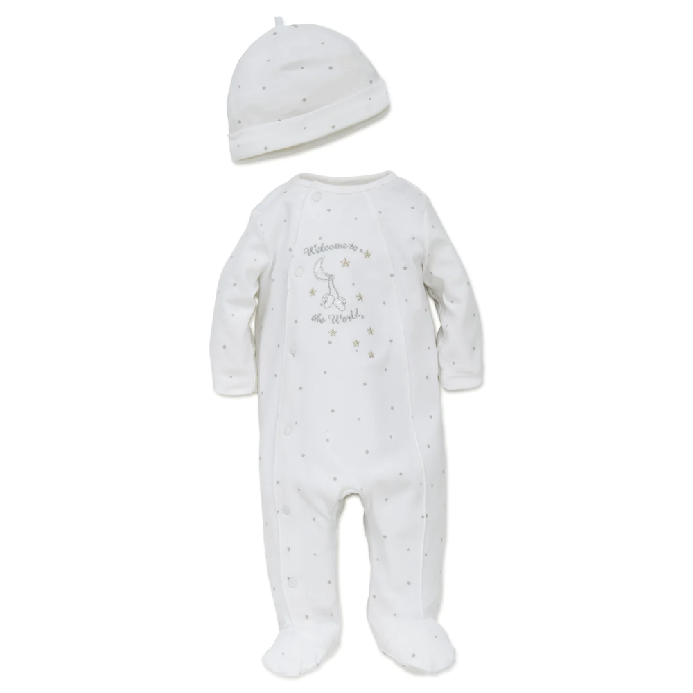 LITTLE ME - Welcome To The World Footed One-Piece and Hat Newborn