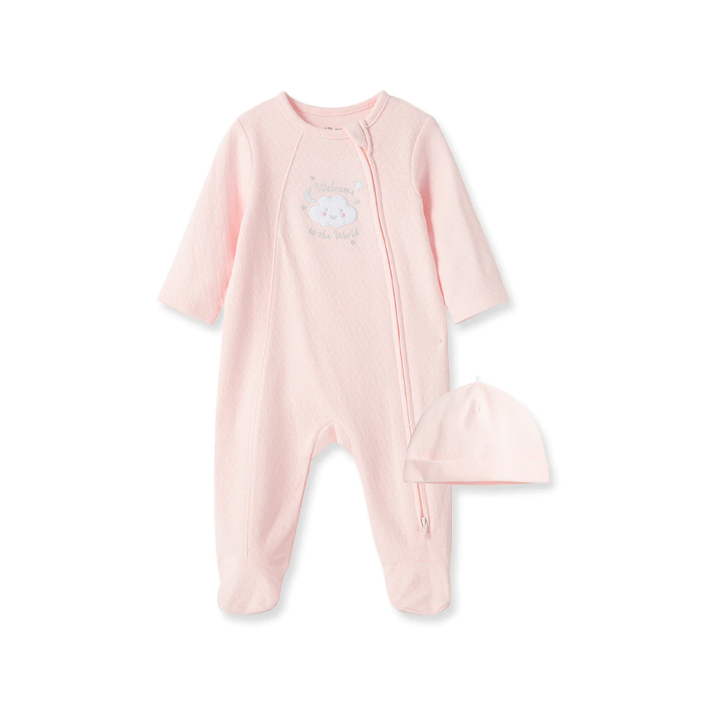 LITTLE ME - New Pink Welcome To The World Zip Footed One-Piece And Hat