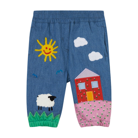 STELLA MCCARTNEY - BABY GIRL CHAMBRAY PANTS WITH PATCHES