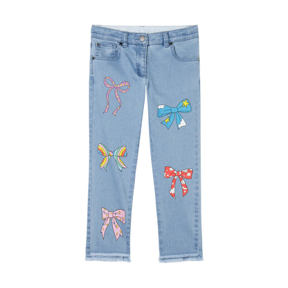 STELLA MCCARTNEY - Girl Denim Pants With Multicolor Bows Print