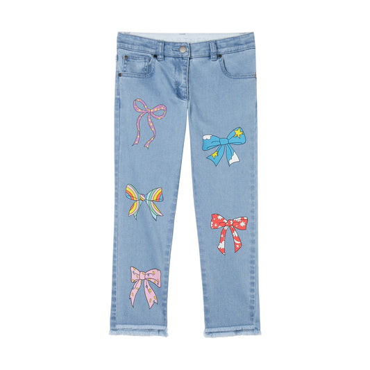 STELLA MCCARTNEY - Girl Denim Pants With Multicolor Bows Print