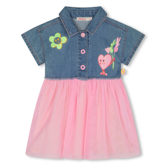 BILLIEBLUSH - Baby Denim & Tulle Dress w/ Flower Graphic
