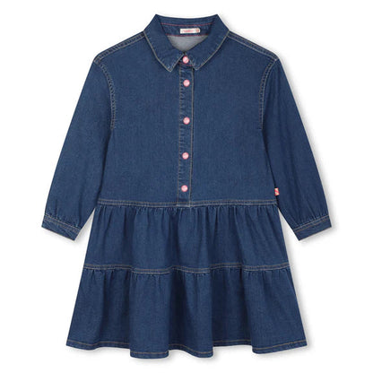 BILLIEBLUSH - Long Sleeve Flounced Denim Dress Logo Back