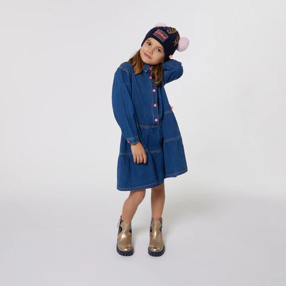 BILLIEBLUSH - Long Sleeve Flounced Denim Dress Logo Back