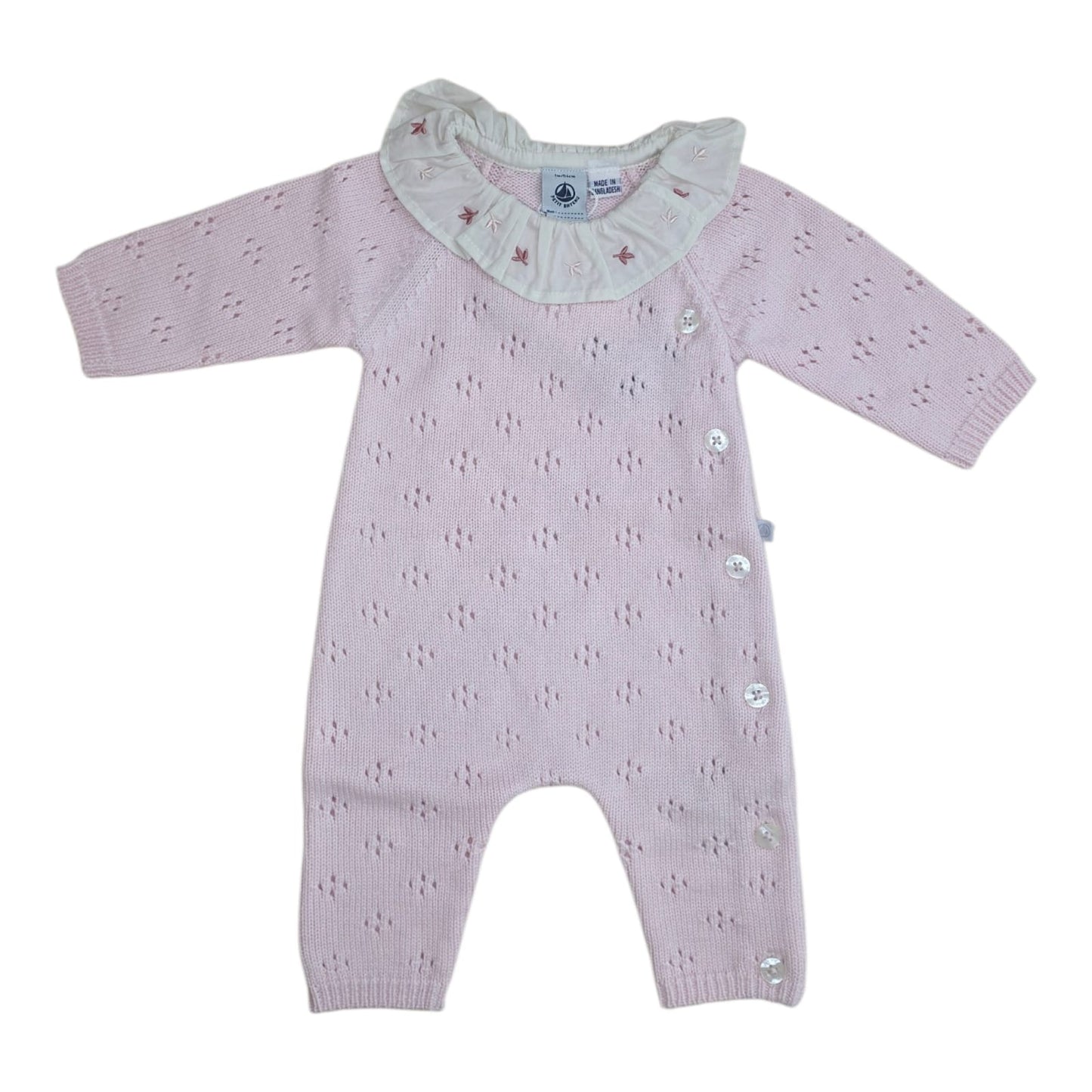 PETIT BATEAU - Baby Girl Knit LS Romper With Floral Collar