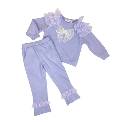 DOE A DEAR - Embellished Bowtie Top + Ruffle Trims Pants Set