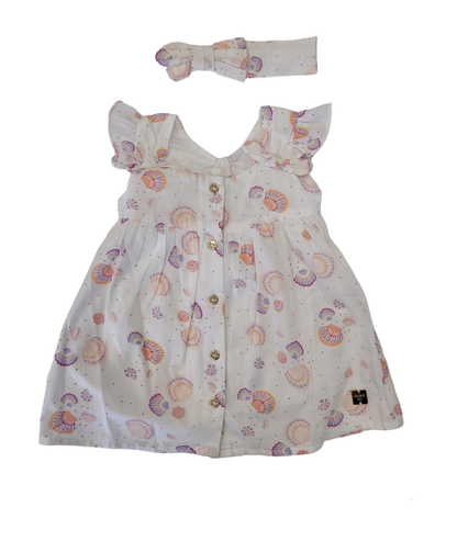 CARREMENT BEAU - Girls Percale Seashell Print Dress w/ Matching Headband