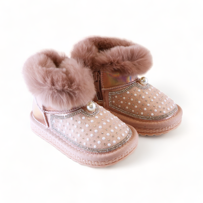 DOE A DEAR - Pink Handcraft Rhinestone & Pearl Furry Boot