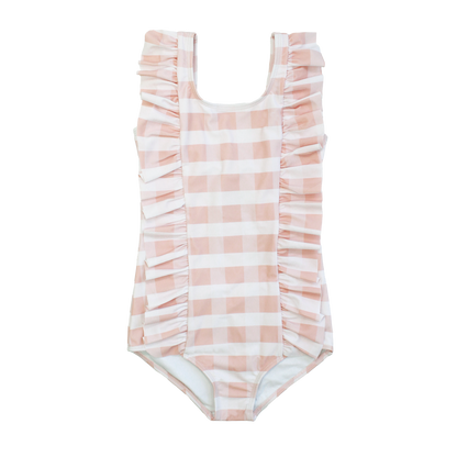 EMERSON & FRIENDS - Pink Gingham Ruffle Front One Piece Girls Swimsuit
