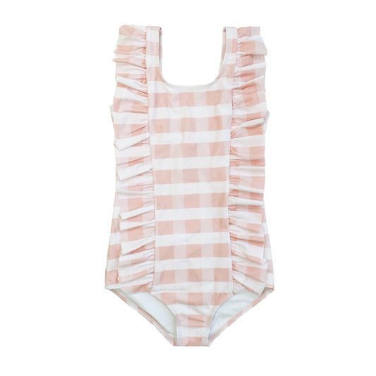 EMERSON & FRIENDS - Pink Gingham Ruffle Front One Piece Girls Swimsuit