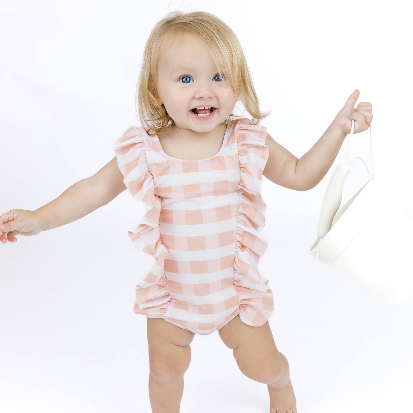 EMERSON & FRIENDS - Pink Gingham Ruffle Front One Piece Girls Swimsuit