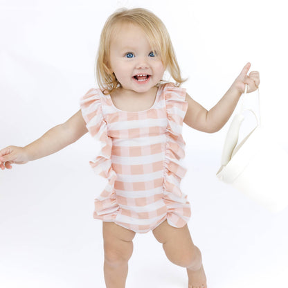 EMERSON & FRIENDS - Pink Gingham Ruffle Front One Piece Girls Swimsuit