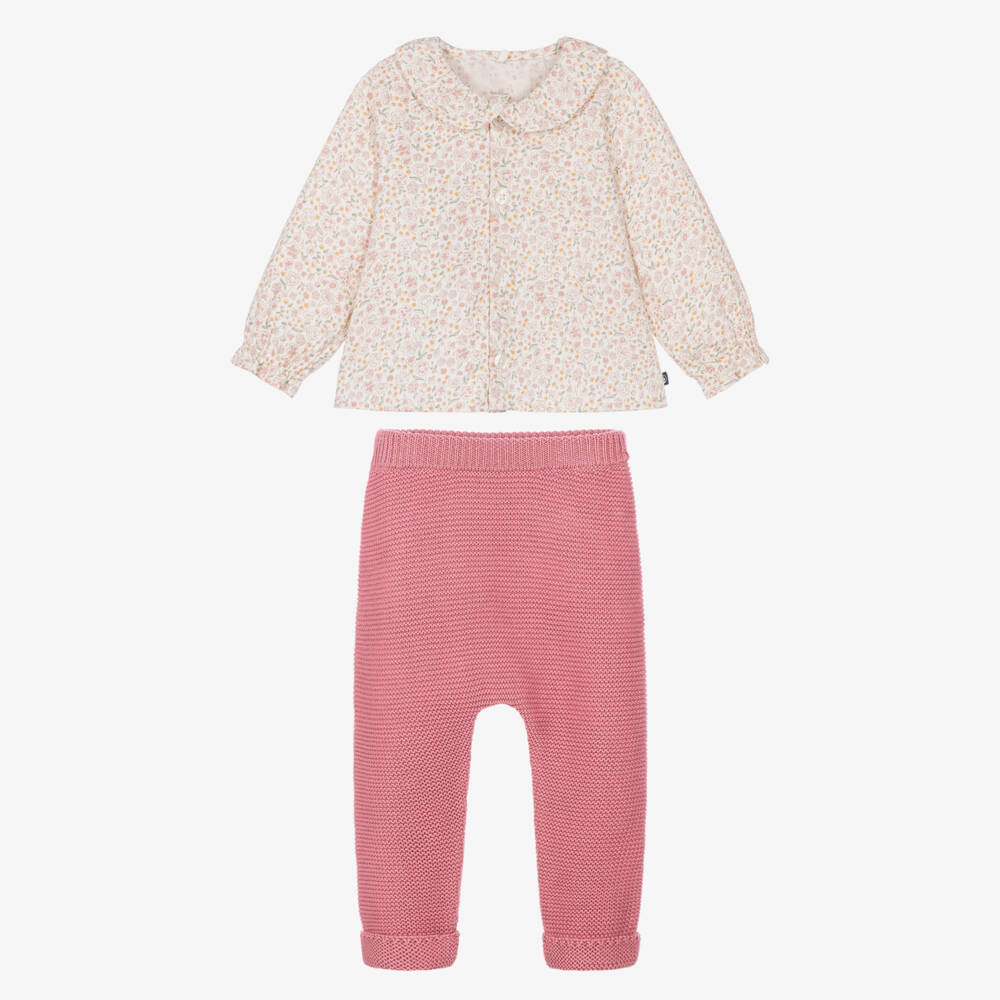 PETIT BATEAU - Baby Girl 2 Pc Set Ls Floral Blouse And Knit Pants