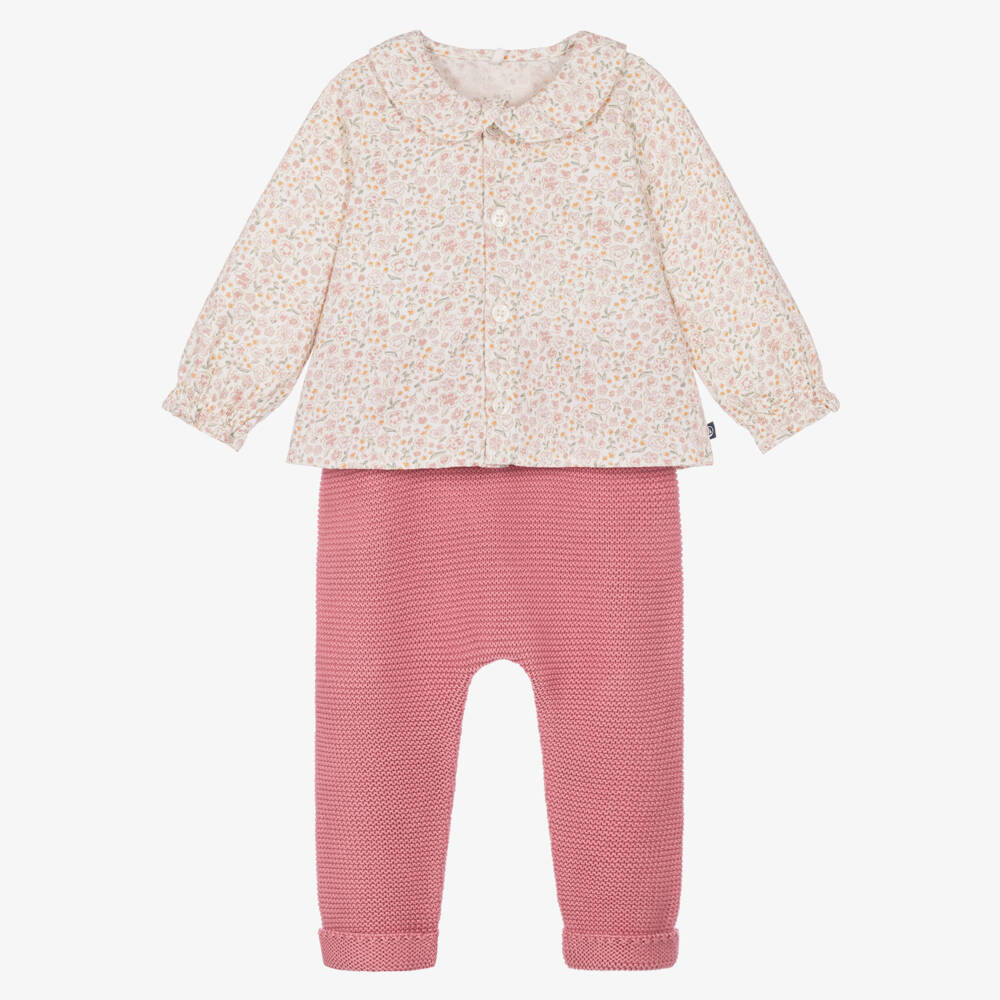 PETIT BATEAU - Baby Girl 2 Pc Set Ls Floral Blouse And Knit Pants