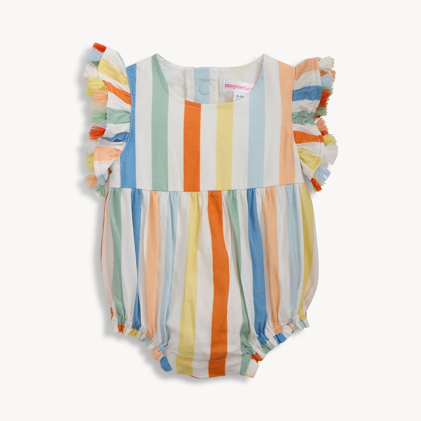 MAGNETIC ME - Multi Stripe Woven Tassle Bubble Romper