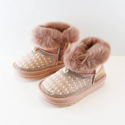 DOE A DEAR - Pink Handcraft Rhinestone & Pearl Furry Boot