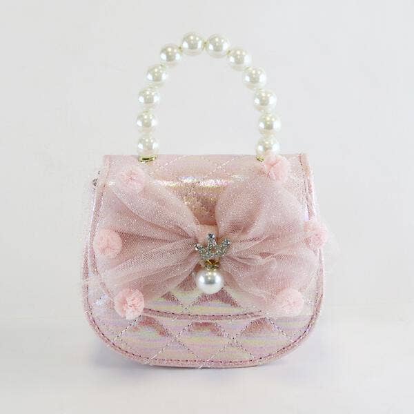 DOE A DEAR - Pink Pom Pom Mesh Bow Shiny Purse